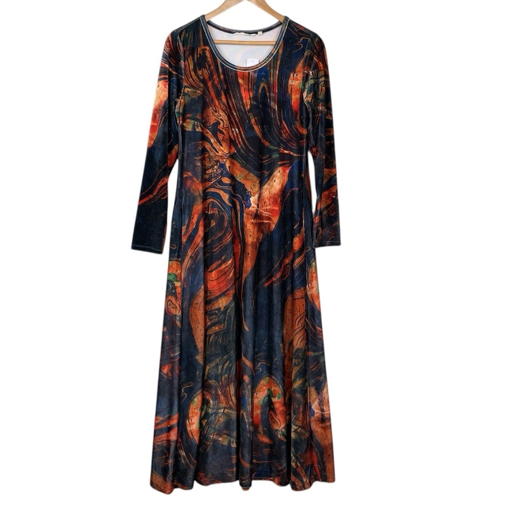 Soft Surroundings Boho Swirl Velvet Maxi Dress Size S Pocket Oversize Artsy Chic